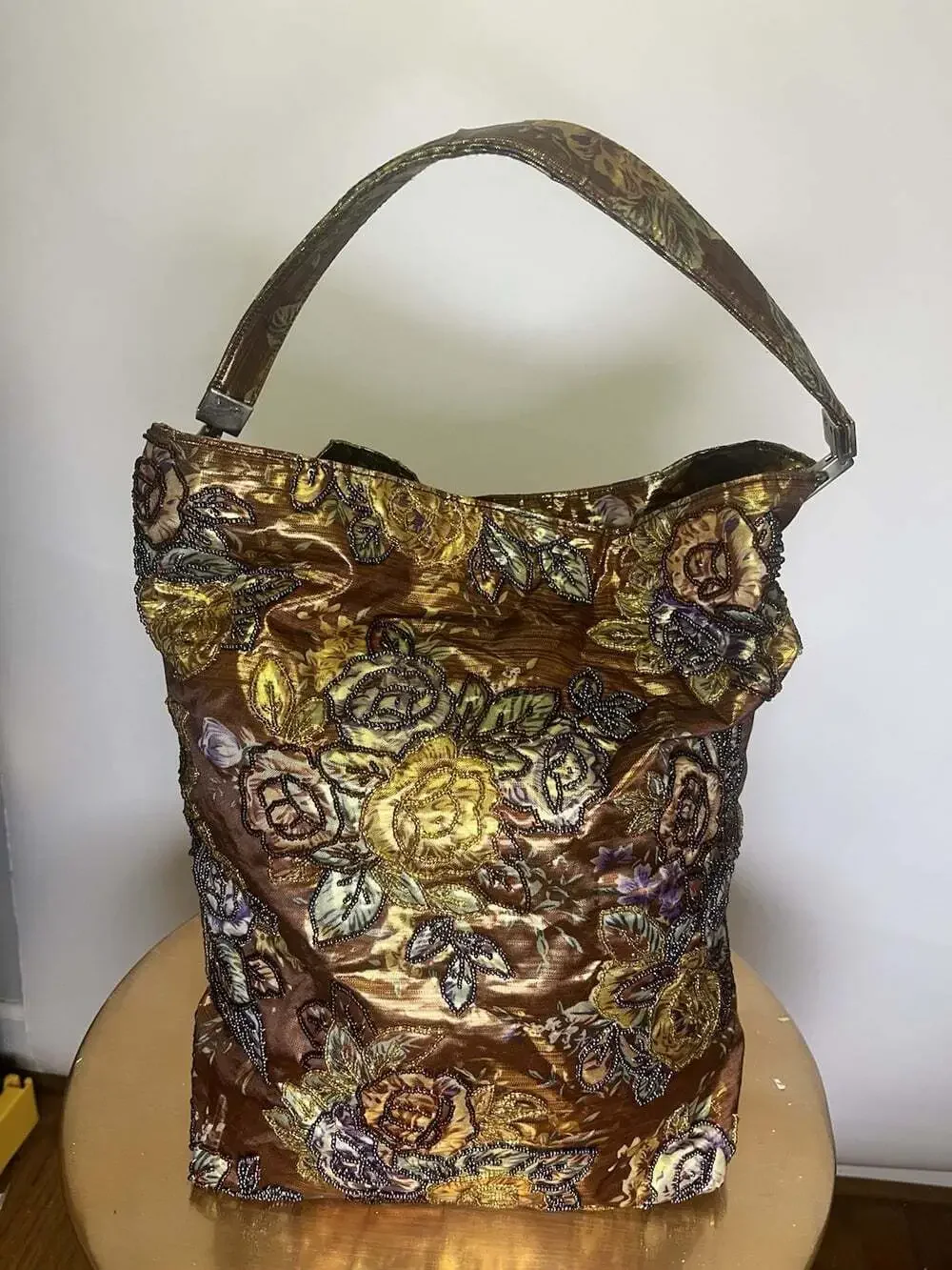 Vintage Far Nine Glass Beaded Hobo Bag Purse Metallic Rose Gold Whimsical Y2K